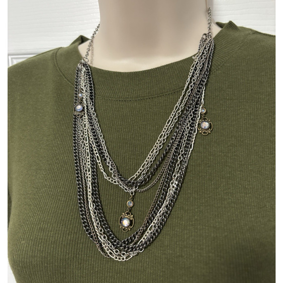 Multi Layered Silver Tone Chain Necklace Rhinestone Whimsigoth Fairy Goth Witchy - Picture 2 of 7